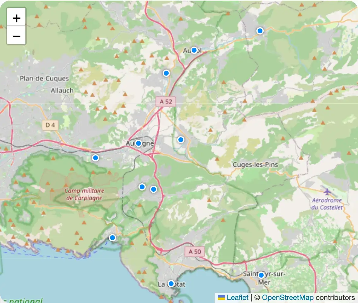 Carte de la zone d'intervention : Aubagne, Marseille, Gémenos, Cassis, La Ciotat, Carnoux, Roquevaire, Auriol, Saint-Zacharie, La Penne-sur-Huveaune et Roquefort-la-Bédoule